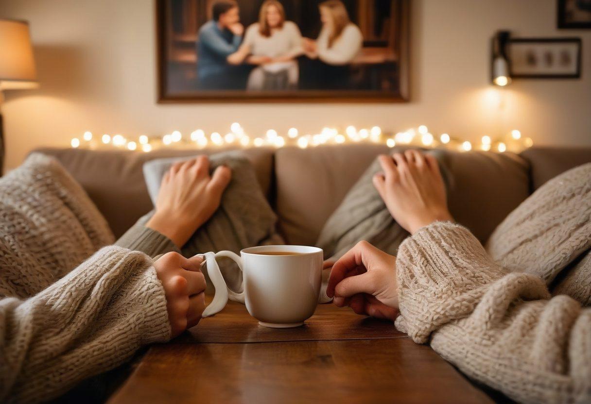 A warm, intimate scene of a couple sharing a quiet moment in a cozy living room filled with soft lighting and comforting décor. The couple is engaged in a deep conversation, showcasing their emotional connection with soft smiles and gentle touches. Include elements like intertwined hands, a steaming cup of tea between them, with hints of family photos in the background, reflecting their journey together. heartwarming vibe. soft focus. warm tones.