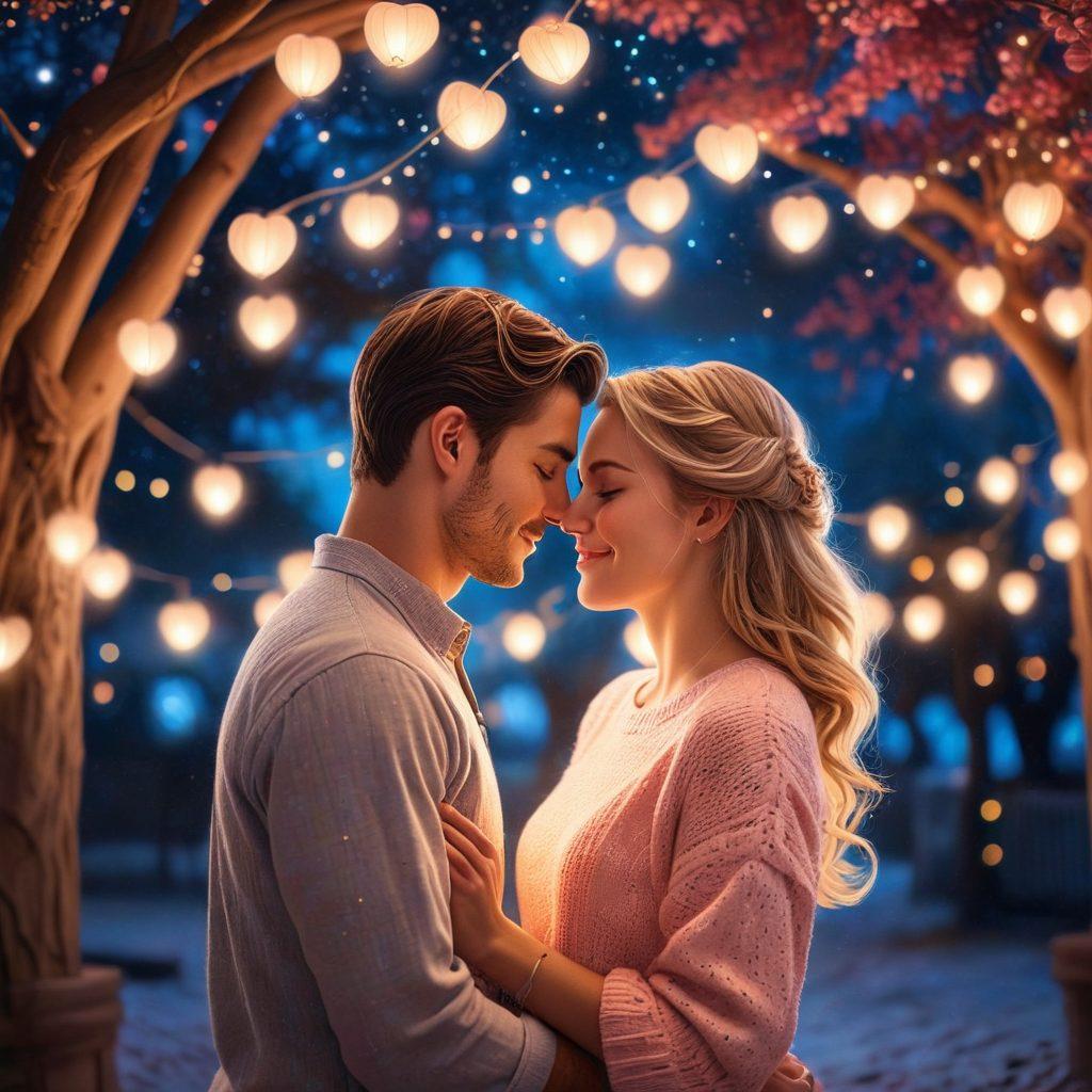 A cozy scene depicting a couple sharing a warm embrace under a starlit sky, surrounded by glowing heart-shaped lanterns. Soft, pastel colors fill the scene, and gentle heart motifs are subtly incorporated into the background. The couple's expressions radiate love and happiness, enhancing the theme of affection in relationships. Dreamy atmosphere with twinkling lights. super-realistic. vibrant colors. soft focus.