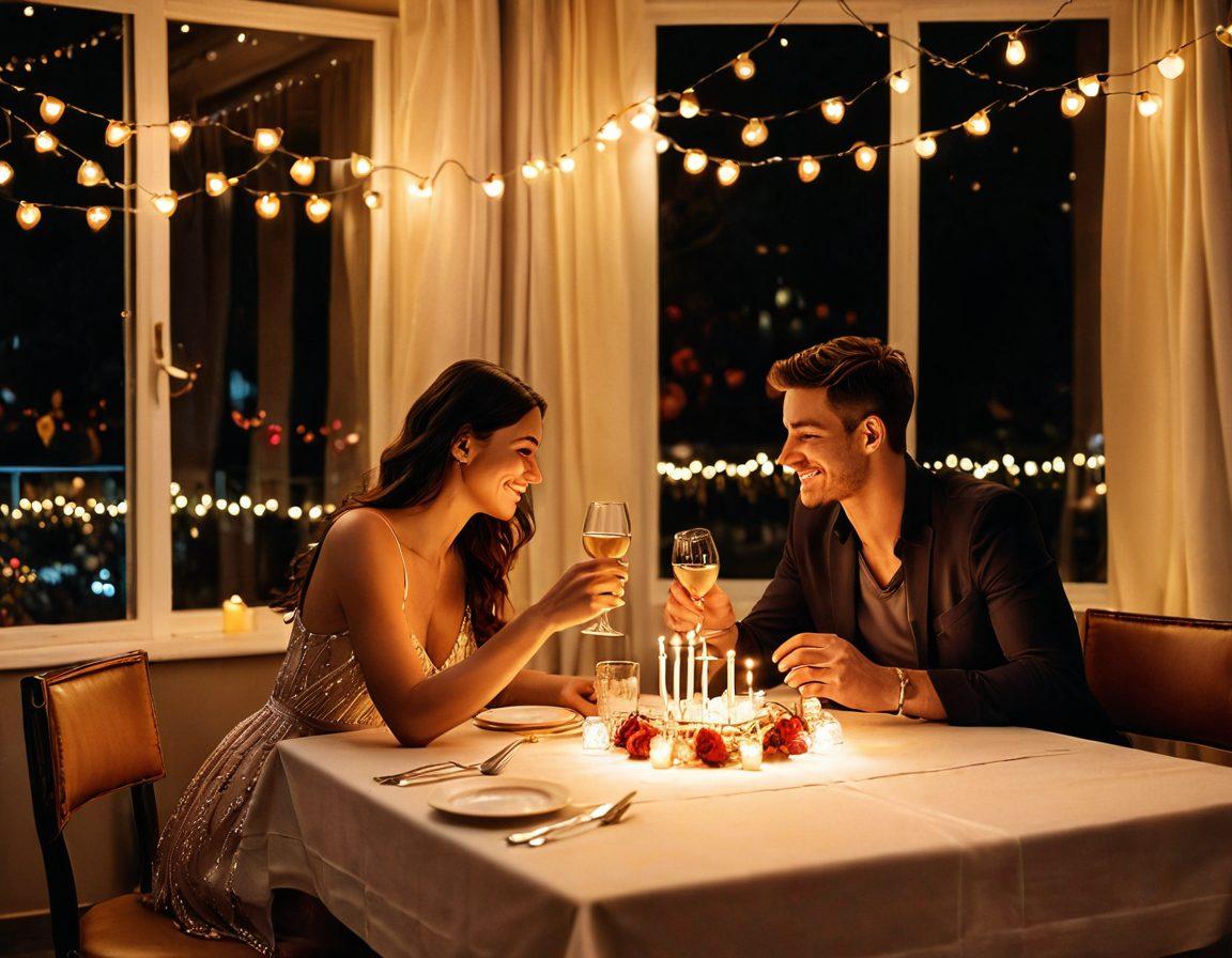 A cozy, intimate scene depicting a couple sharing a candlelit dinner, surrounded by soft, warm lighting. Include personal touches like handwritten love notes, heart-shaped decorations, and a bottle of wine. Capture their laughter and connection through subtle gestures, like holding hands and sharing dessert. Use a backdrop of twinkling fairy lights to enhance the romantic atmosphere. super-realistic. vibrant colors. warm tones.